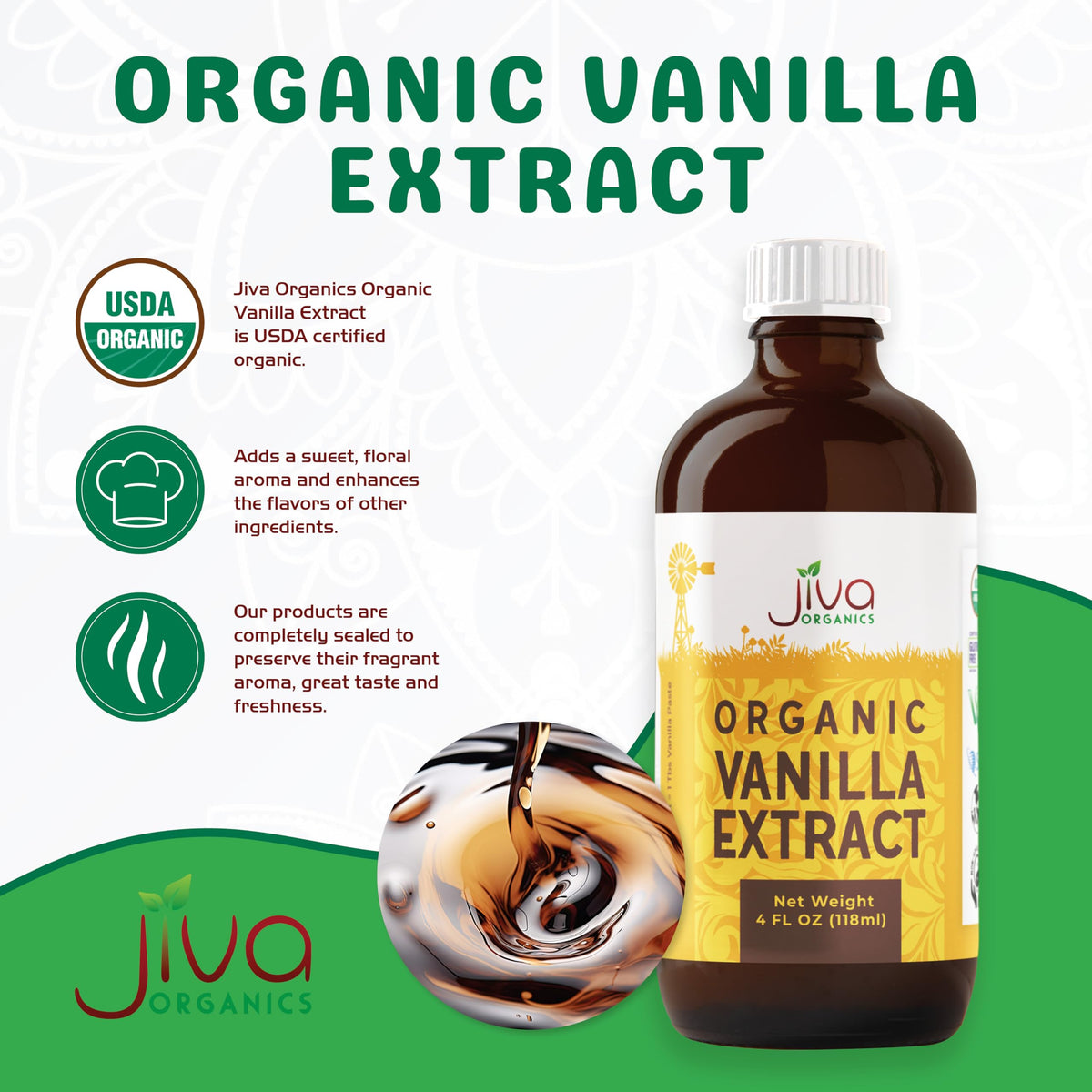 Jiva Organics organic vanilla extract ingredients label highlights clean, additive-free formula
