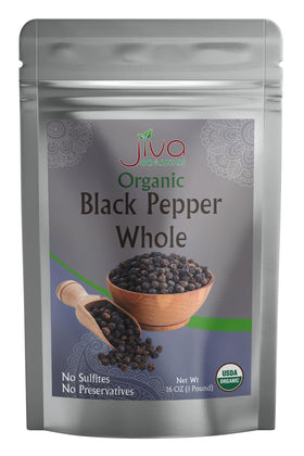 Jiva Organics organic whole black peppercorns in a 1 lb bag for grinding