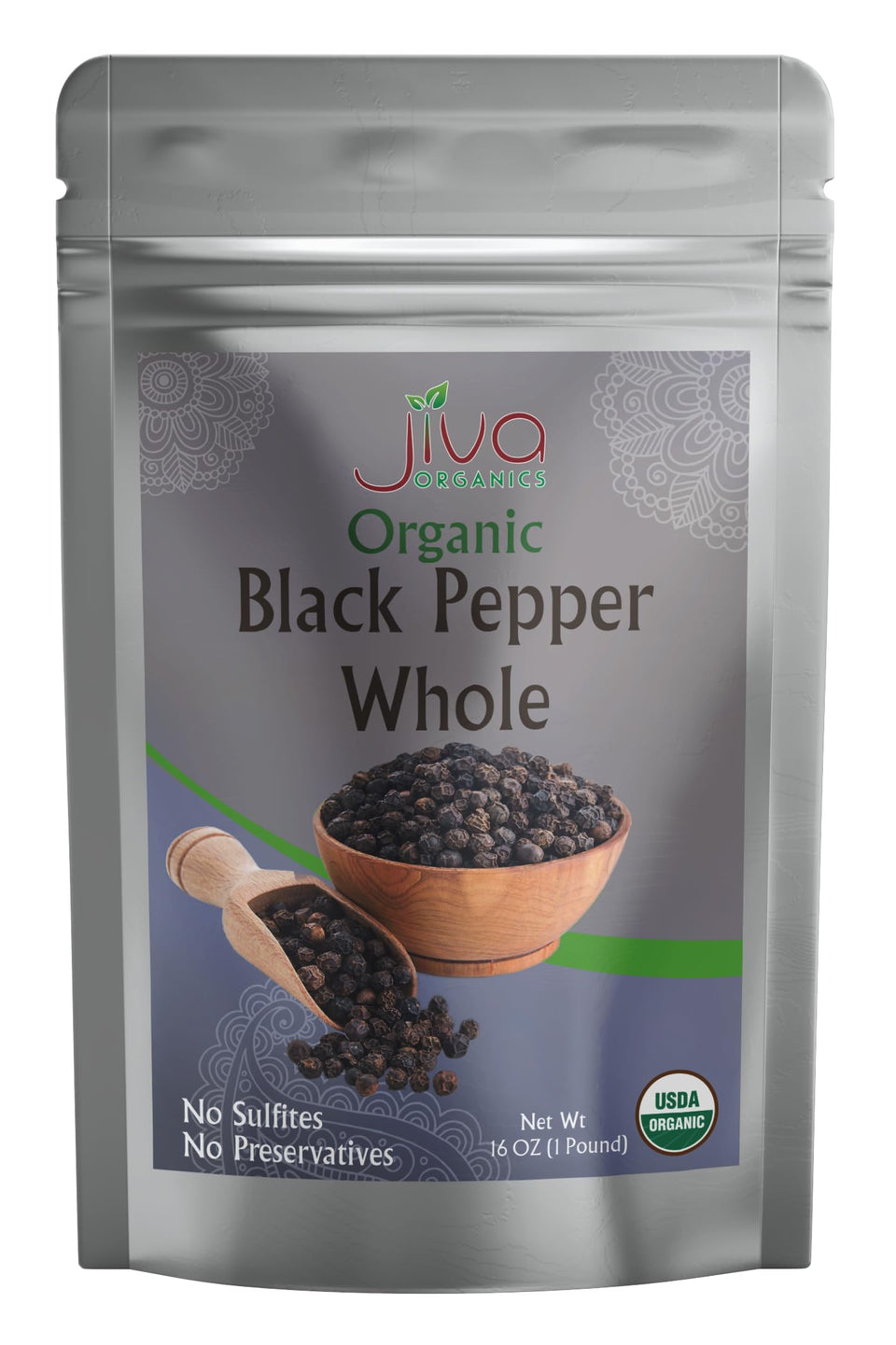 Jiva Organics organic whole black peppercorns in a 1 lb bag for grinding