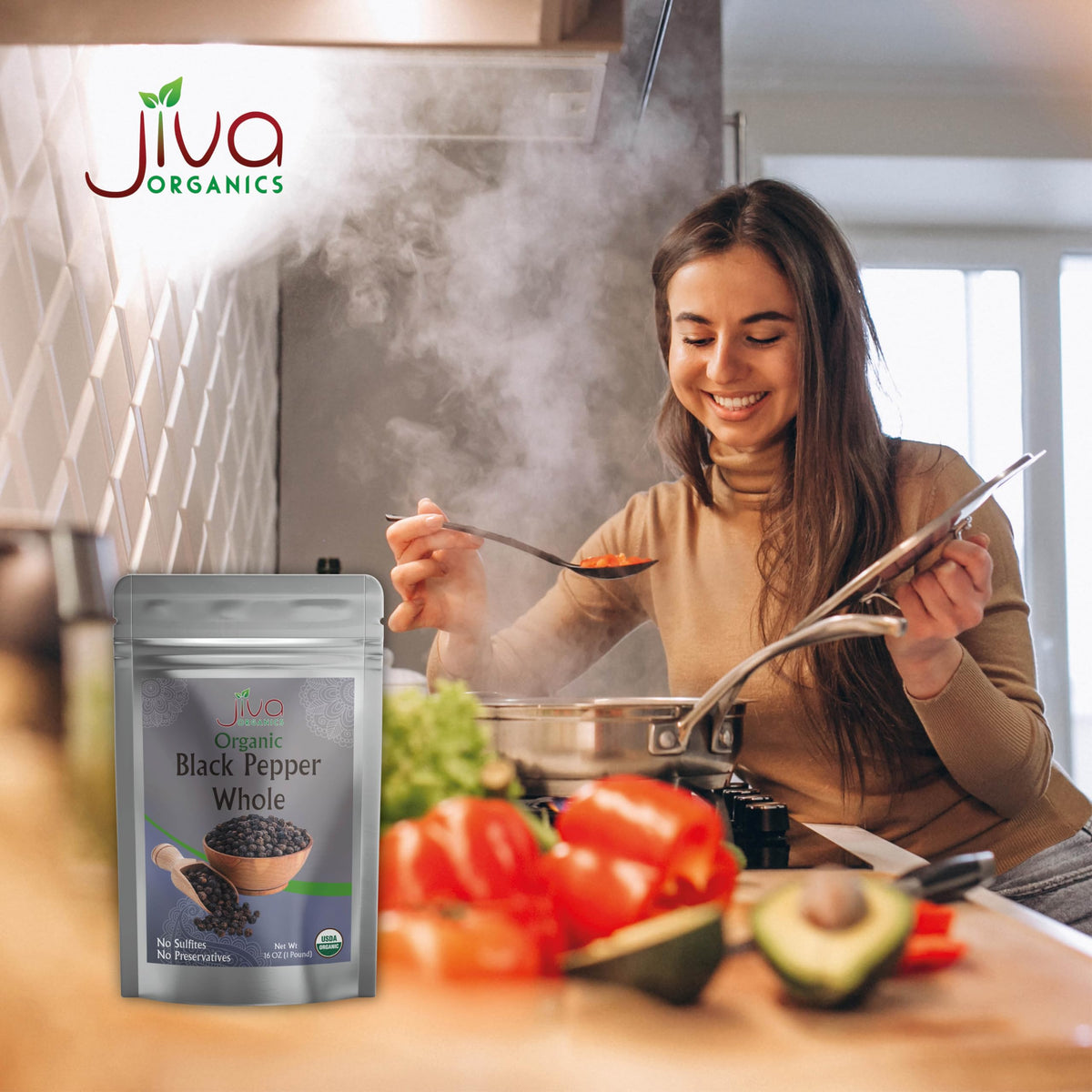 Jiva Organics 1 lb resealable bag keeps peppercorns fresh