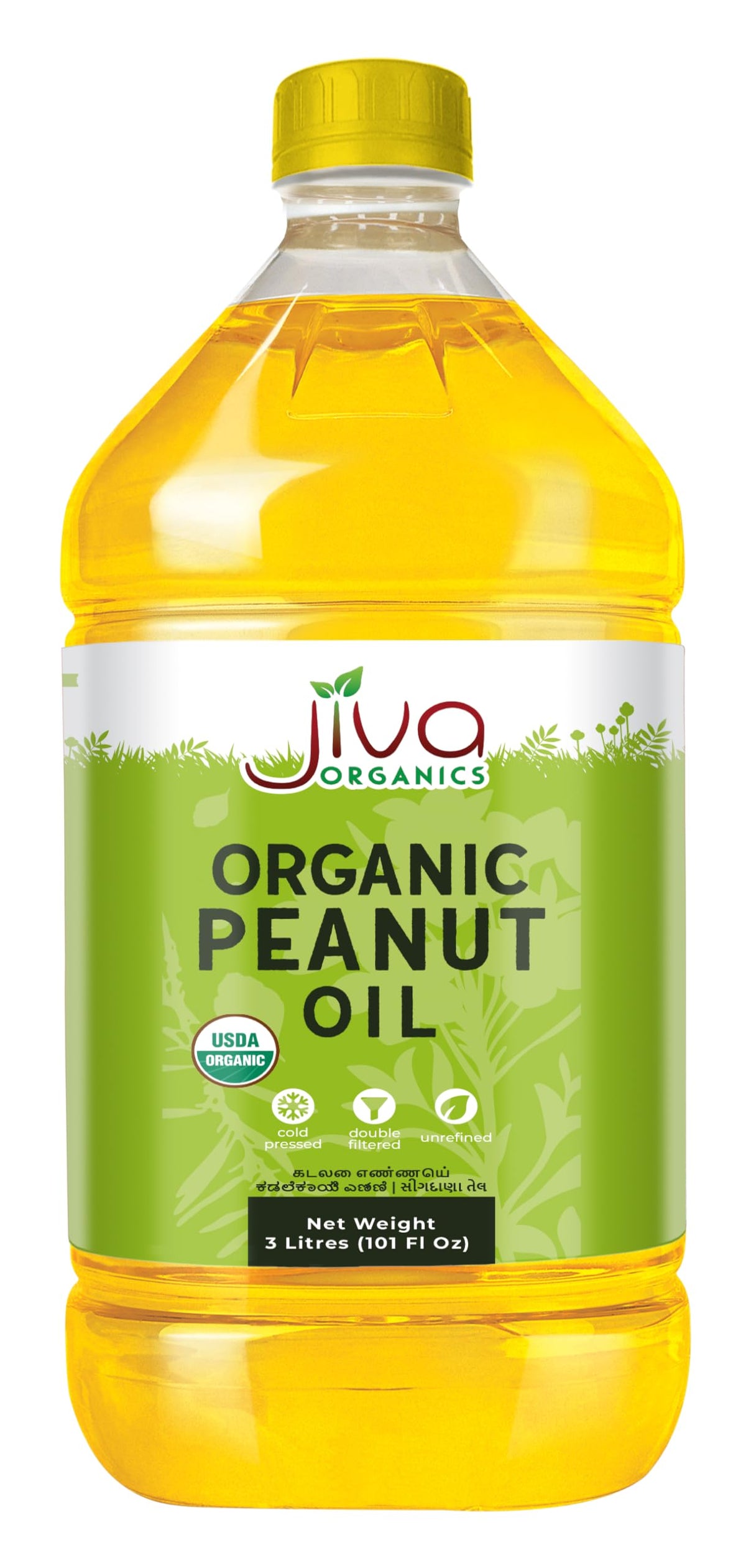 Jiva Organics Peanut Oil 3L bottle close-up highlighting purity and versatile cooking use.
