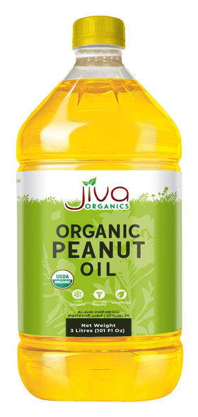 Jiva Organics Peanut Oil 3L bottle close-up highlighting purity and versatile cooking use.