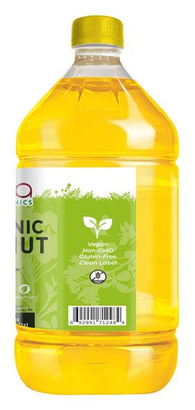 Jiva Organics peanut oil bottle label close-up emphasizing non-GMO and premium cold-pressed quality.