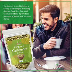 Jiva Organics premium cardamom pods releasing rich aroma when ground