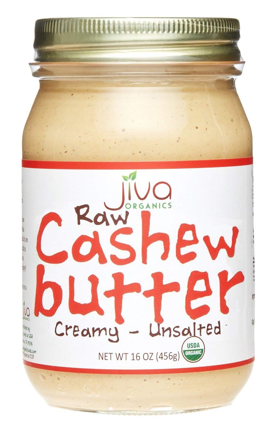 Jiva Organics RAW cashew butter jar front view highlights pure organic spread for snacking.