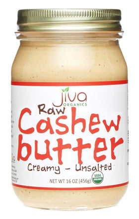 Jiva Organics RAW cashew butter jar front view highlights pure organic spread for snacking.