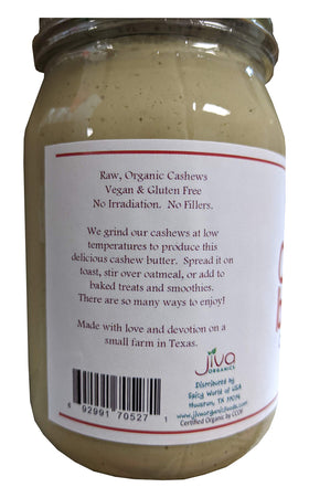 Spoon with Jiva Organics RAW cashew butter shows rich creaminess perfect for bowls or toast.