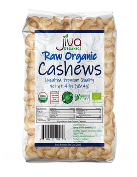 Jiva Organics raw cashews in a 4 lb bag, organic and unsalted for snacking.