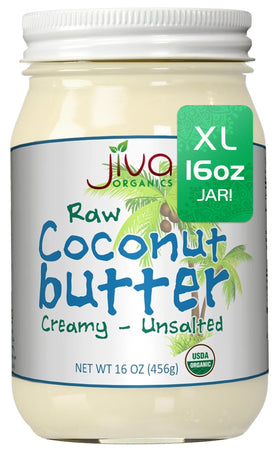 Jiva Organics coconut butter in glass jar, creamy texture perfect for spreads