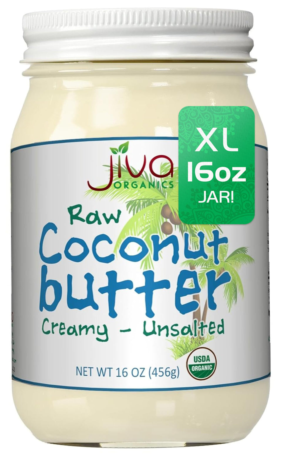 Jiva Organics coconut butter in glass jar, creamy texture perfect for spreads