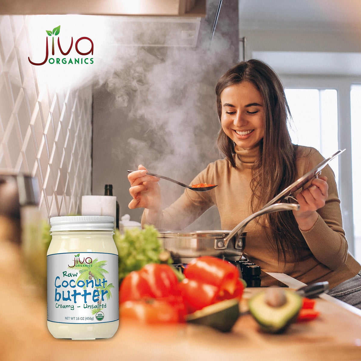 Melted Jiva Organics coconut butter drizzle over vegetables