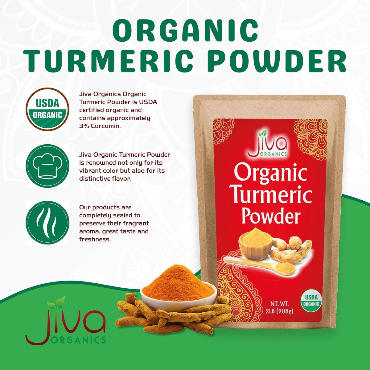 Jiva Organics raw turmeric powder imported from India preserves natural profile.
