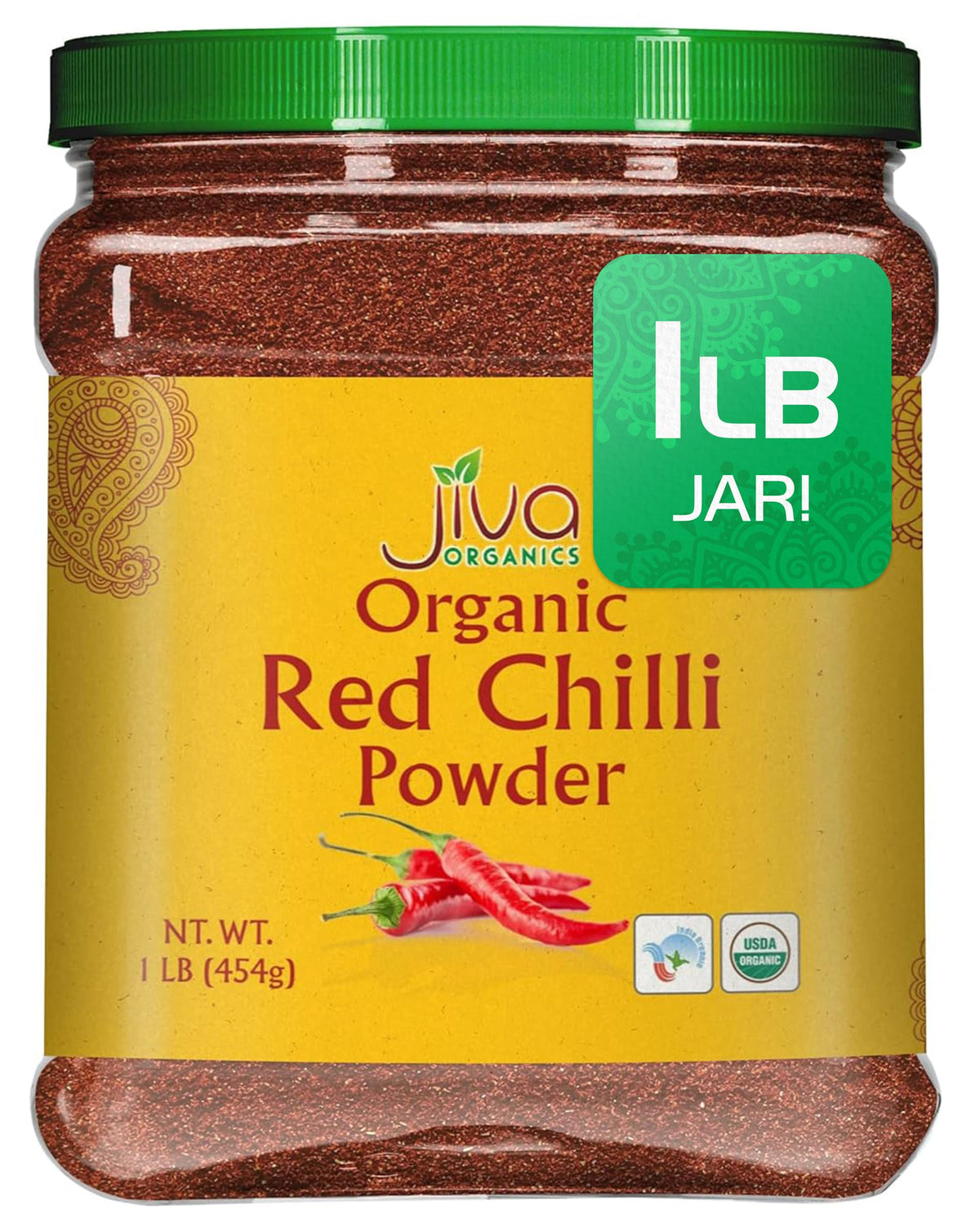 Jiva Organics Red Chili Powder jar close-up showing vibrant powder for bold flavor