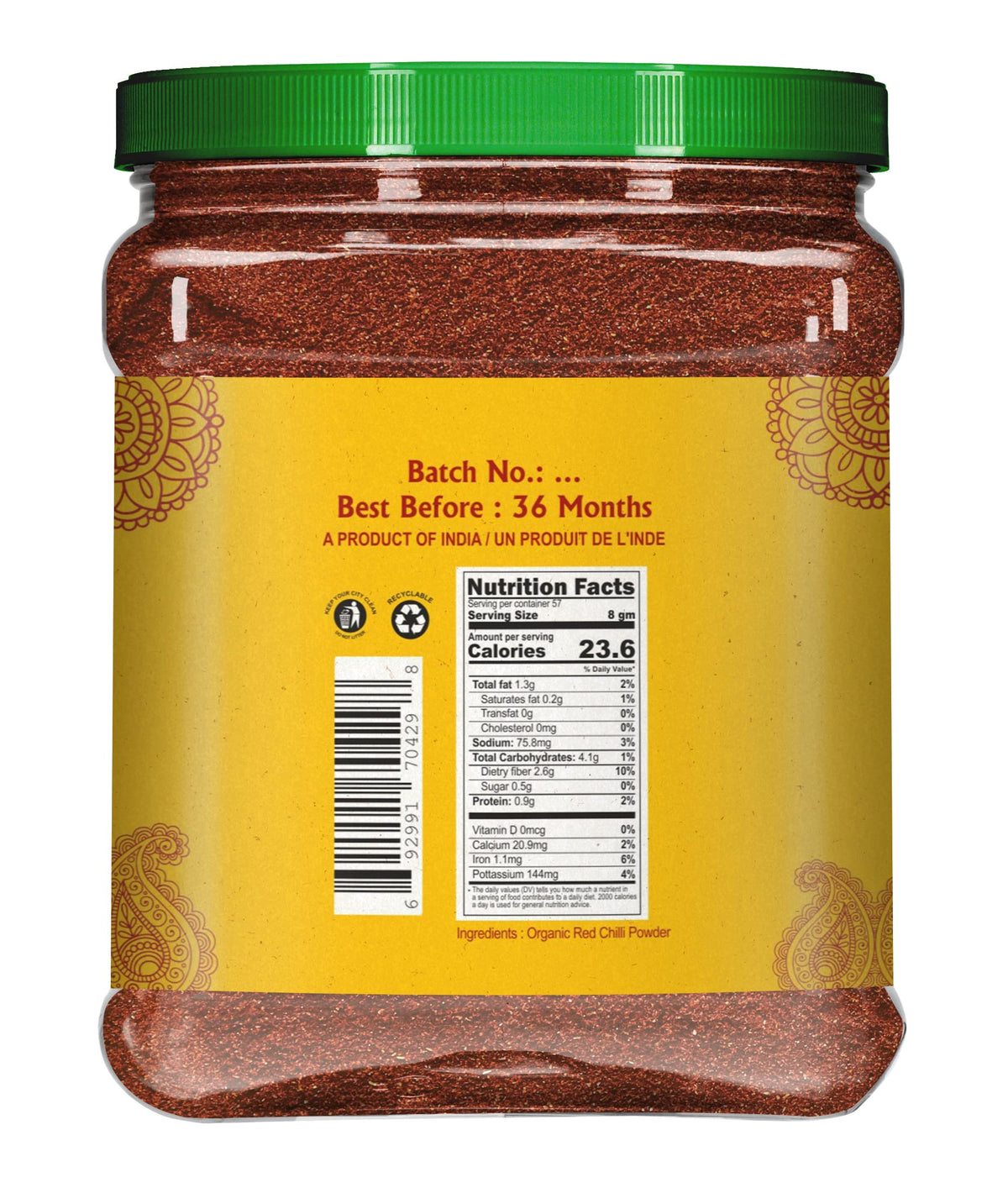 Jiva Organics Red Chili Powder packaging label highlighting Product of India and organic quality