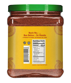 Jiva Organics Red Chili Powder packaging label highlighting Product of India and organic quality