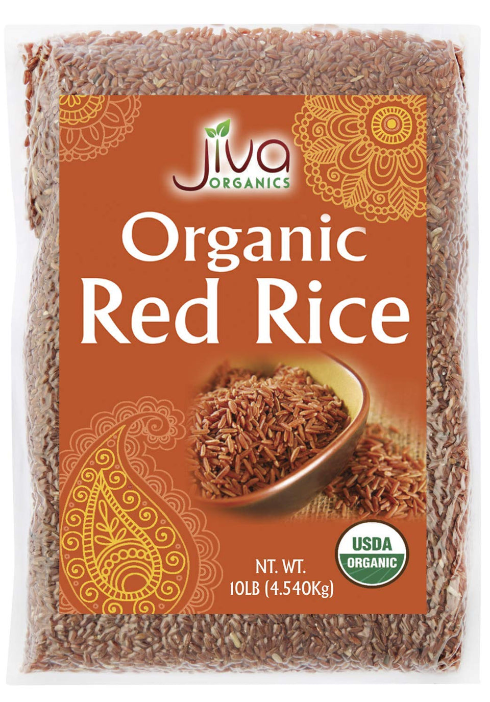 Jiva Organics red rice bulk bag showing long slender grains, a healthier whole grain option.