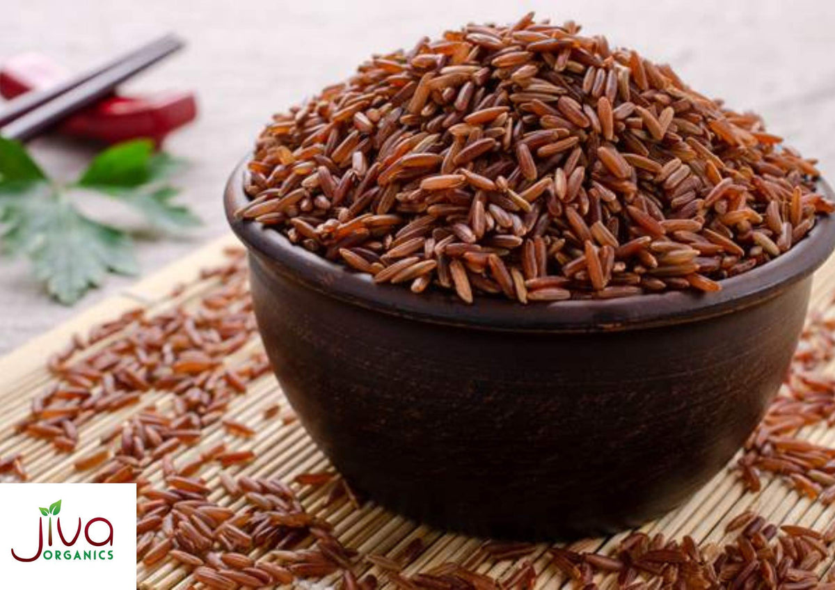Close-up of Jiva Organics red rice grains, premium organic quality.
