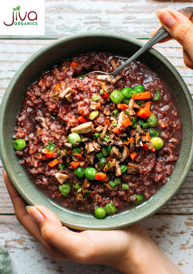Jiva Organics red rice from India, certified organic and non-GMO.
