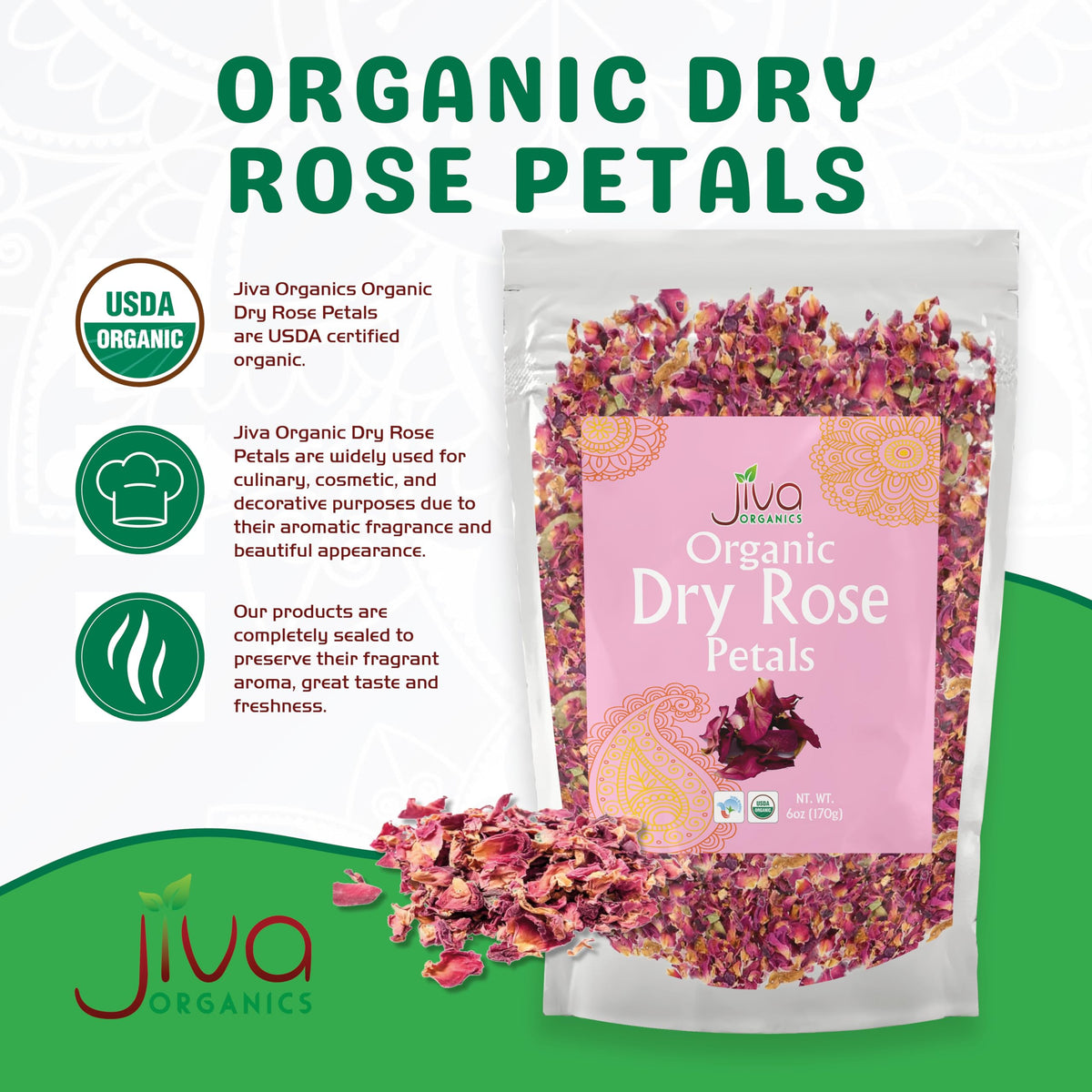 Jiva Organics rose petals for teas and tisanes; natural aroma for soothing beverages