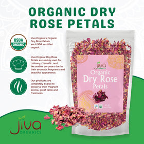 Jiva Organics rose petals for teas and tisanes; natural aroma for soothing beverages