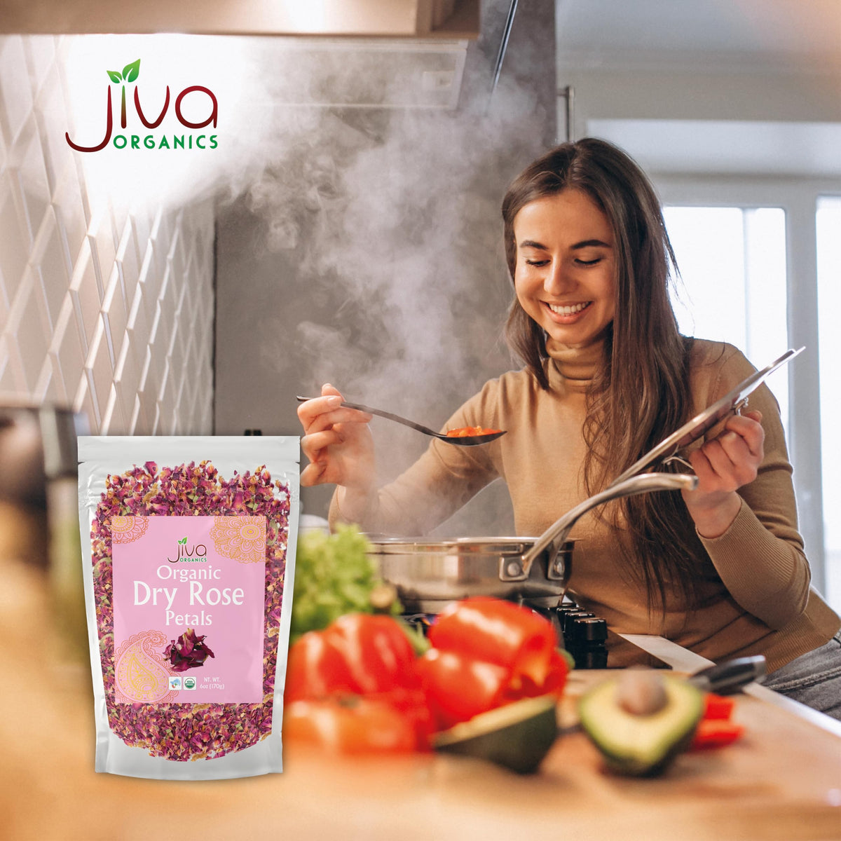 Jiva Organics dried rose petals from India; resealable bag for freshness