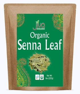 Jiva Organics Senna leaf bulk bag with loose leaves for brewing.