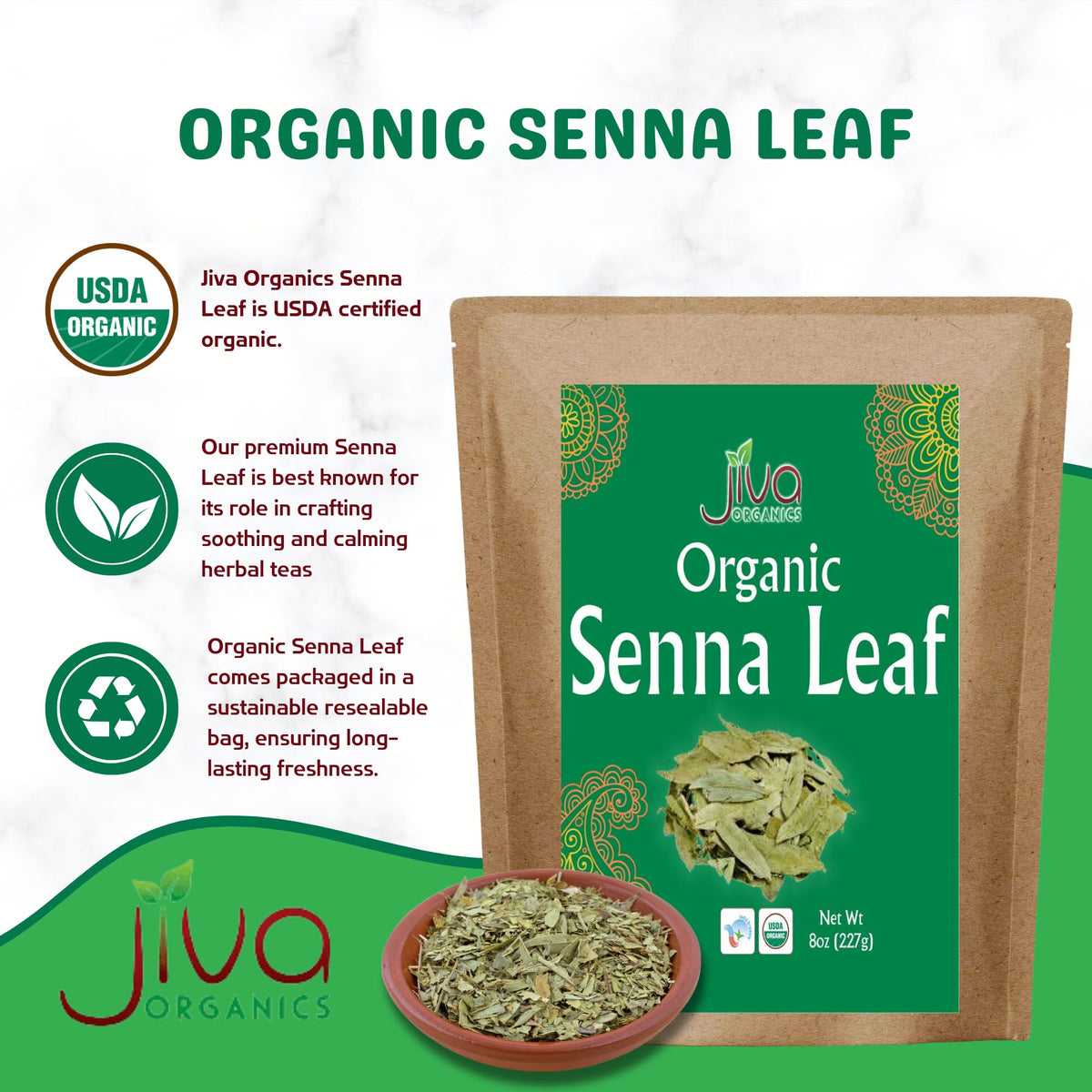 Jiva Organics Senna leaf tea close-up showing dried leaves for infusion.