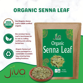 Jiva Organics Senna leaf tea close-up showing dried leaves for infusion.