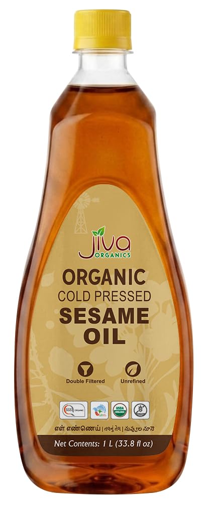 Jiva Organics sesame oil bottle front view, ideal for cooking versatility