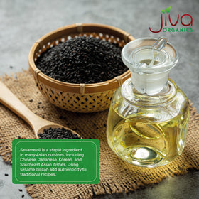 Jiva Organics sesame oil bottle used in dressings for flavor