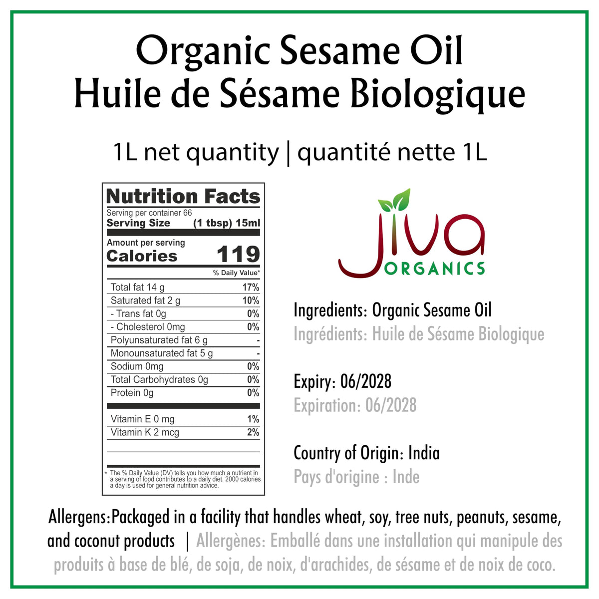 Jiva Organics sesame oil label close-up, organic certification and purity
