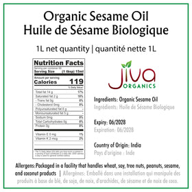 Jiva Organics sesame oil label close-up, organic certification and purity