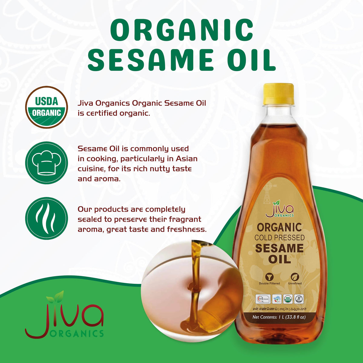 Jiva Organics sesame oil pouring bottle with golden hue for tempering