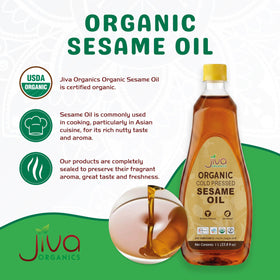 Jiva Organics sesame oil pouring bottle with golden hue for tempering
