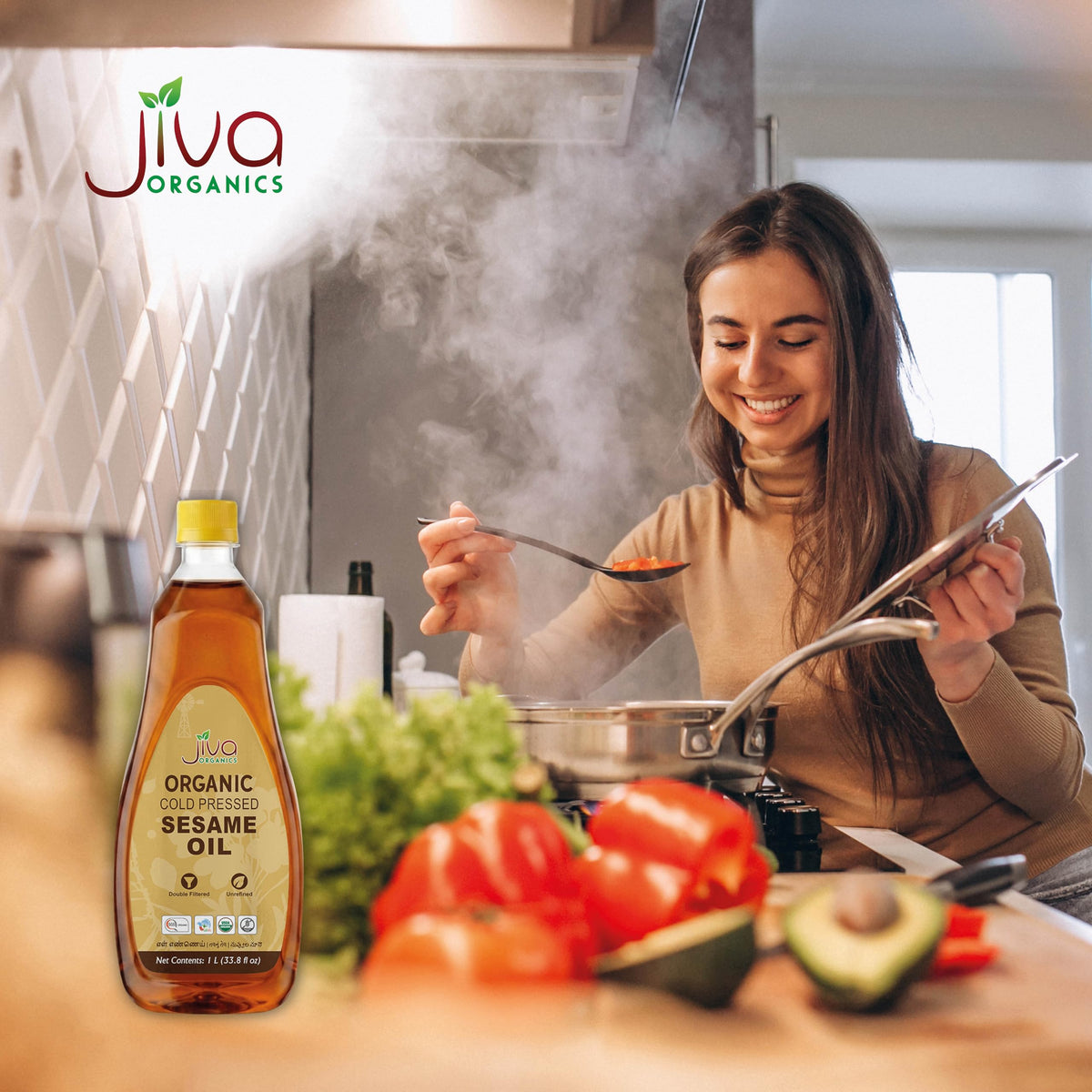 Jiva Organics sesame oil suitable for sautéing to enhance aroma