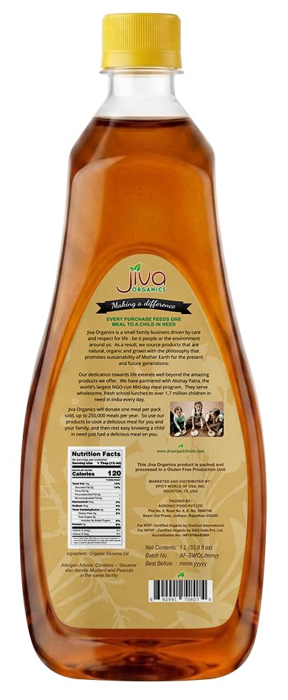 Jiva Organics sesame oil on spice rack for everyday use