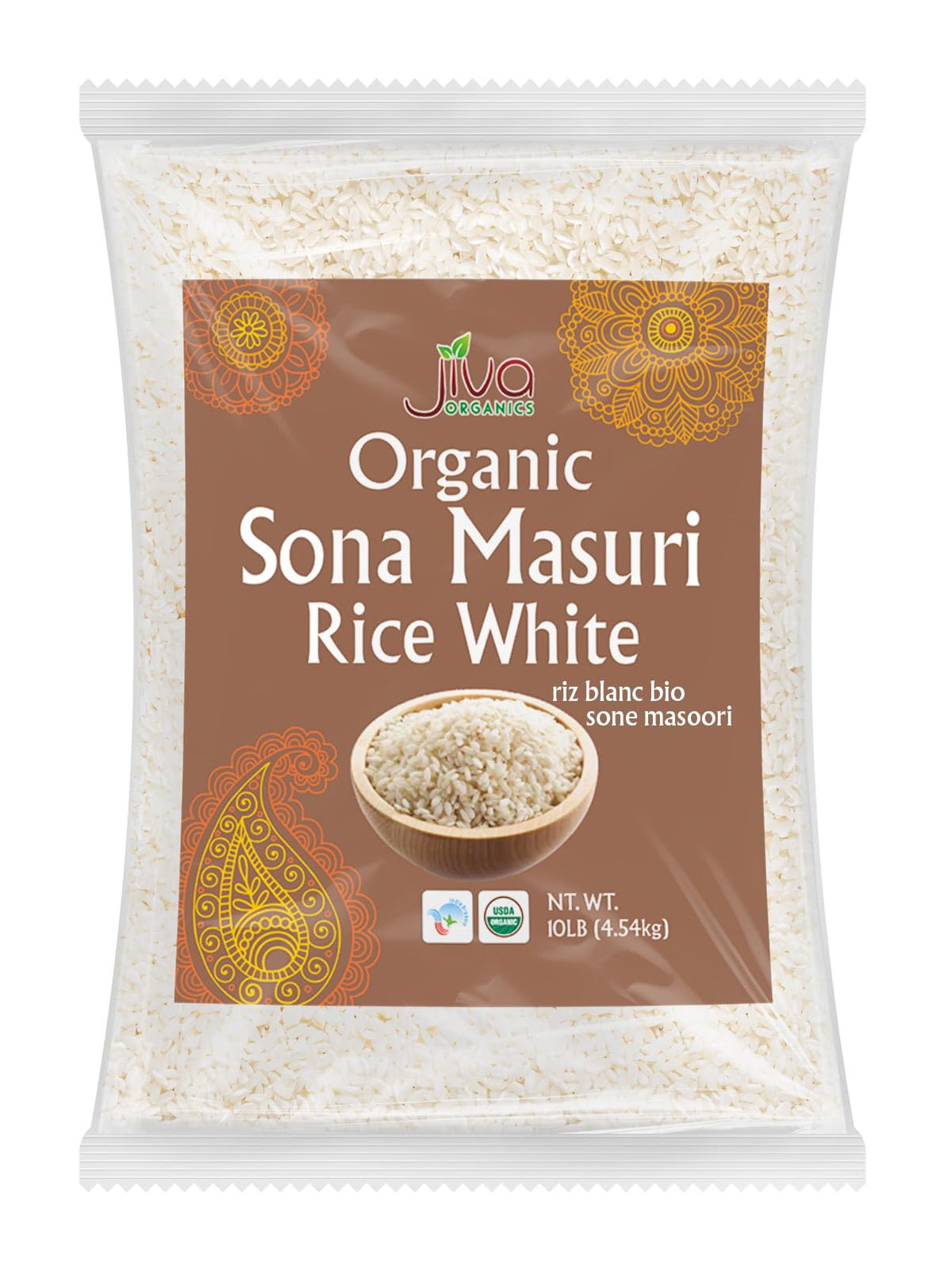 Jiva Organics Sona Masoori Rice 10 lb bag for wholesome daily meals.