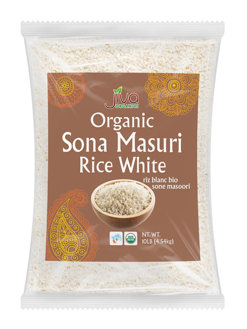 Jiva Organics Sona Masoori Rice 10 lb bag for wholesome daily meals.