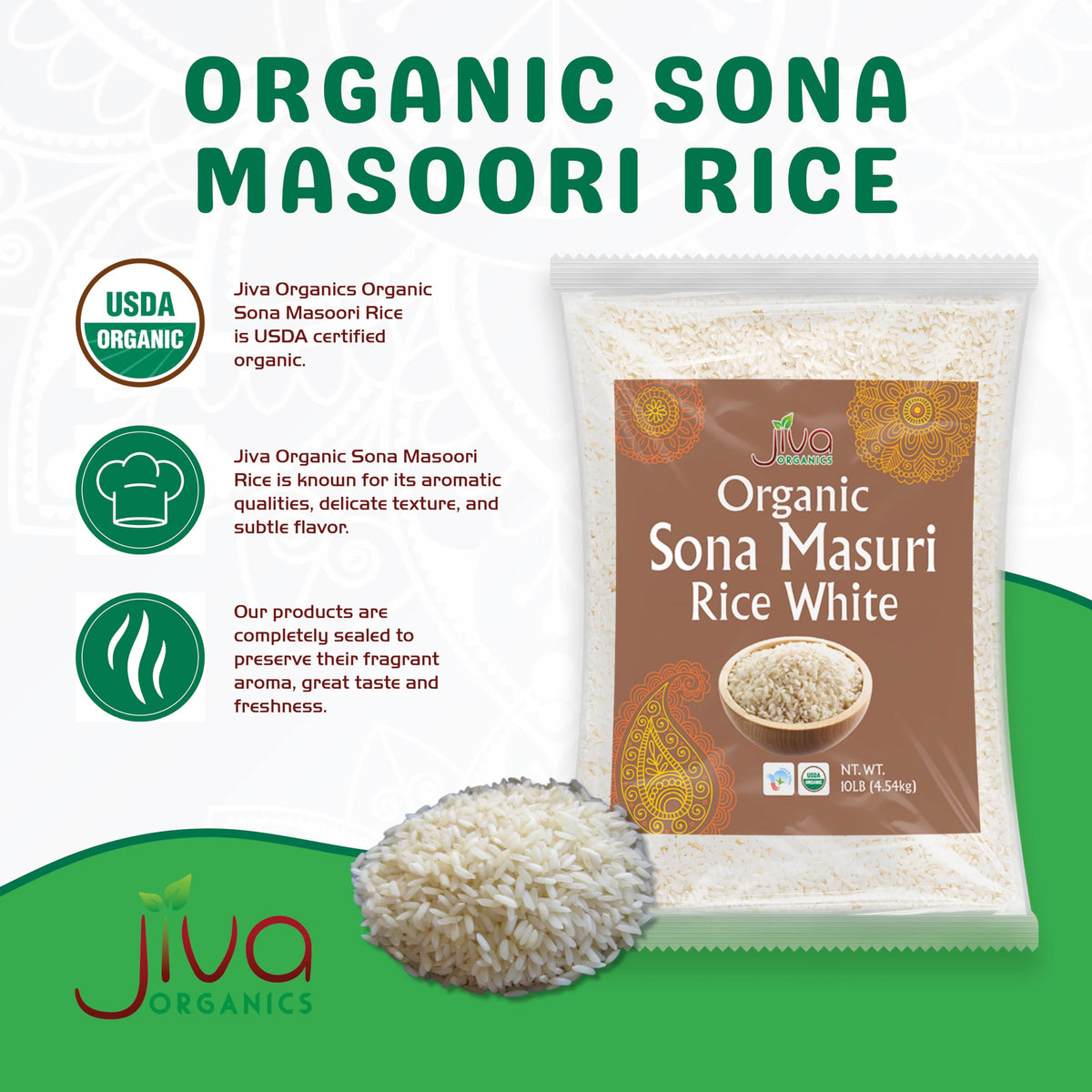 Fine Sona Masoori grains in a close-up, showing light, fluffy texture.