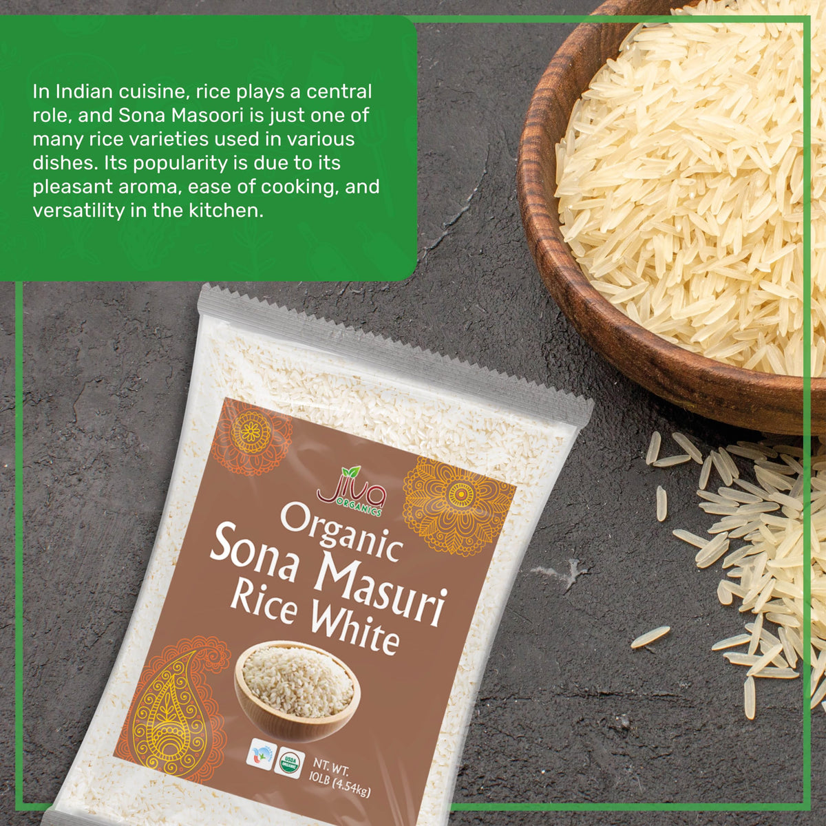 Origin label emphasizes India origin and all-natural farming of Sona Masoori rice.