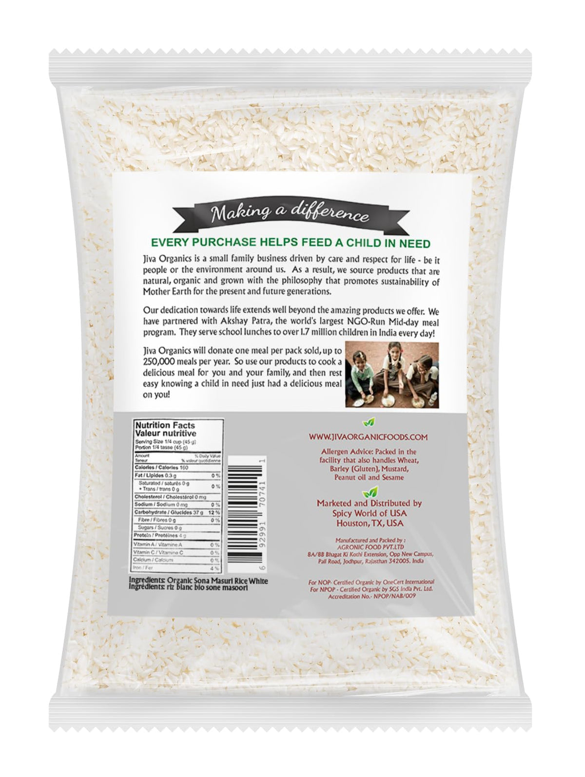Packaging close-up highlighting organic, non-GMO Sona Masoori rice and freshness.