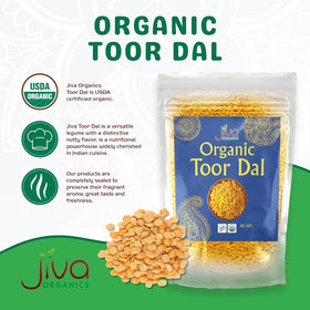 Jiva Organics Toor Dal Kori bulk-pack highlights non-GMO, vegan ingredients for versatile cooking.