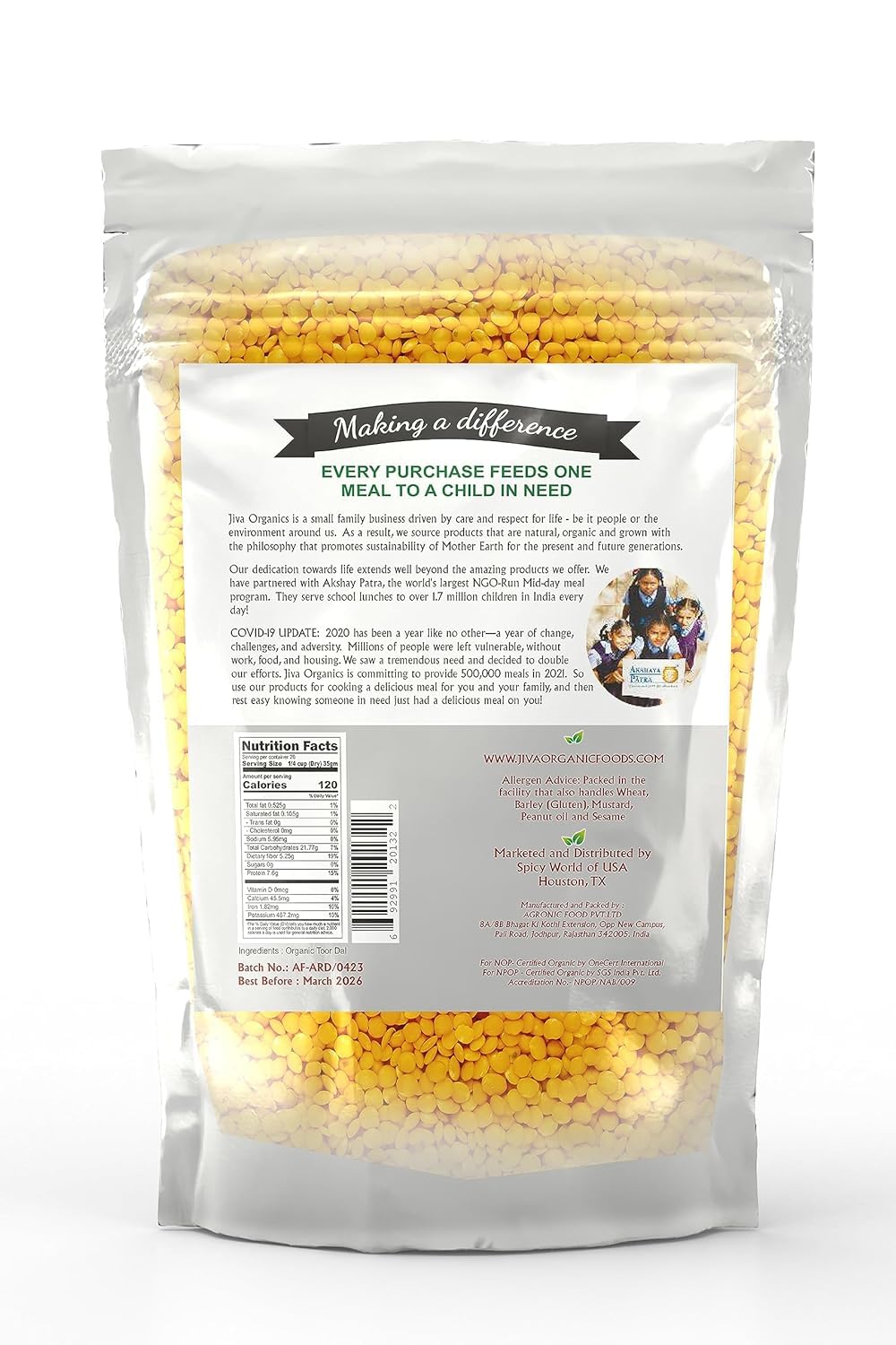 Jiva Organics Toor Dal Kori packaging-closeup highlights natural, preservative-free lentils.