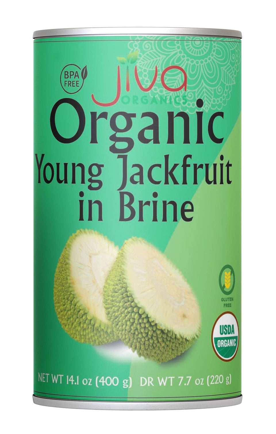 Jiva Organics young green jackfruit can with glossy label, perfect for weeknight curry substitutions
