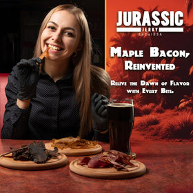JJD USA Carnivore Candy Old Fashioned Maple Bacon Jerky on-the-go snack ready for hiking.