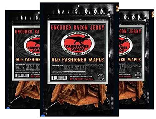 JJD USA Carnivore Candy Old Fashioned Maple Bacon Jerky pack shot highlighting 3-pack for on-the-go snacking.