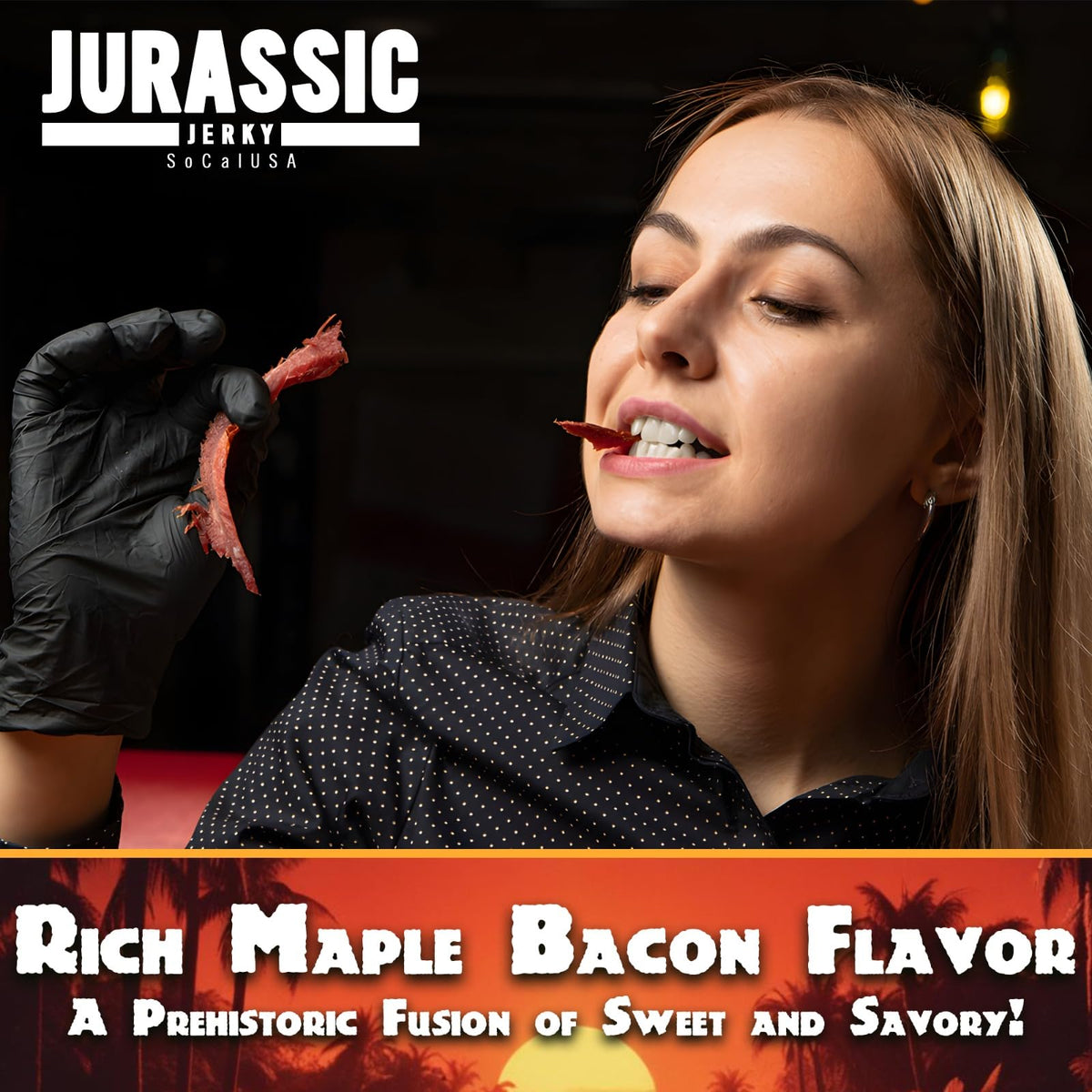 JJD USA Carnivore Candy Old Fashioned Maple Bacon Jerky served with salad topping suggestion.