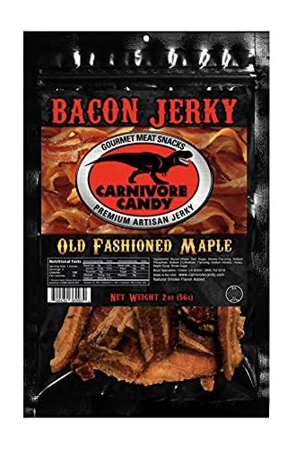 JJD USA Carnivore Candy Old Fashioned Maple Bacon Jerky slices show chewy texture and sweet-smoky flavor.