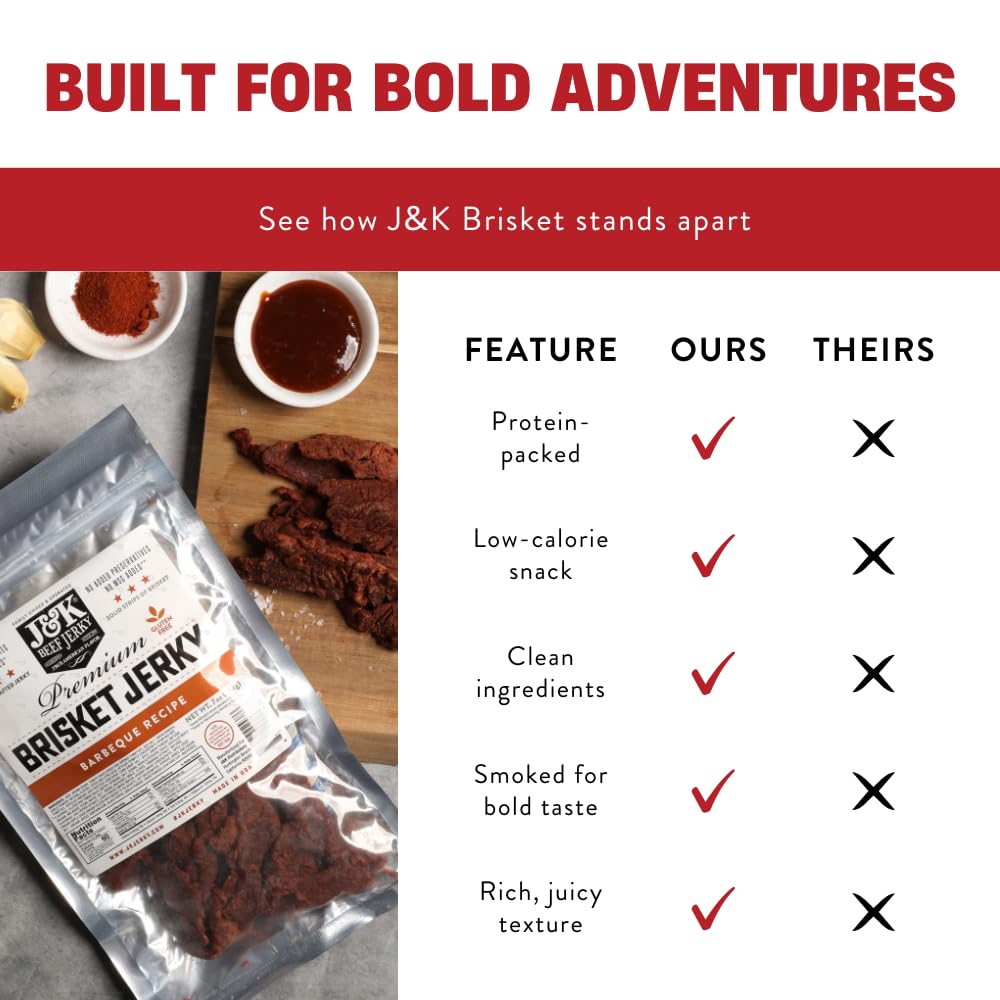 J&K Beef Brisket Jerky 7oz bag seals in freshness, perfect for travel.