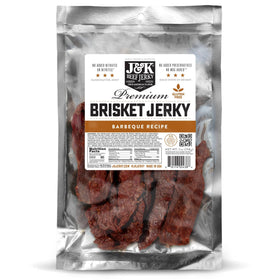 J&K Beef Brisket Jerky BBQ flavor bag close-up, ideal for on-the-go protein.